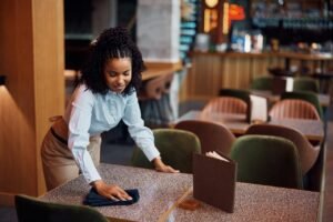happy african american waitress cleaning tables in a cafe